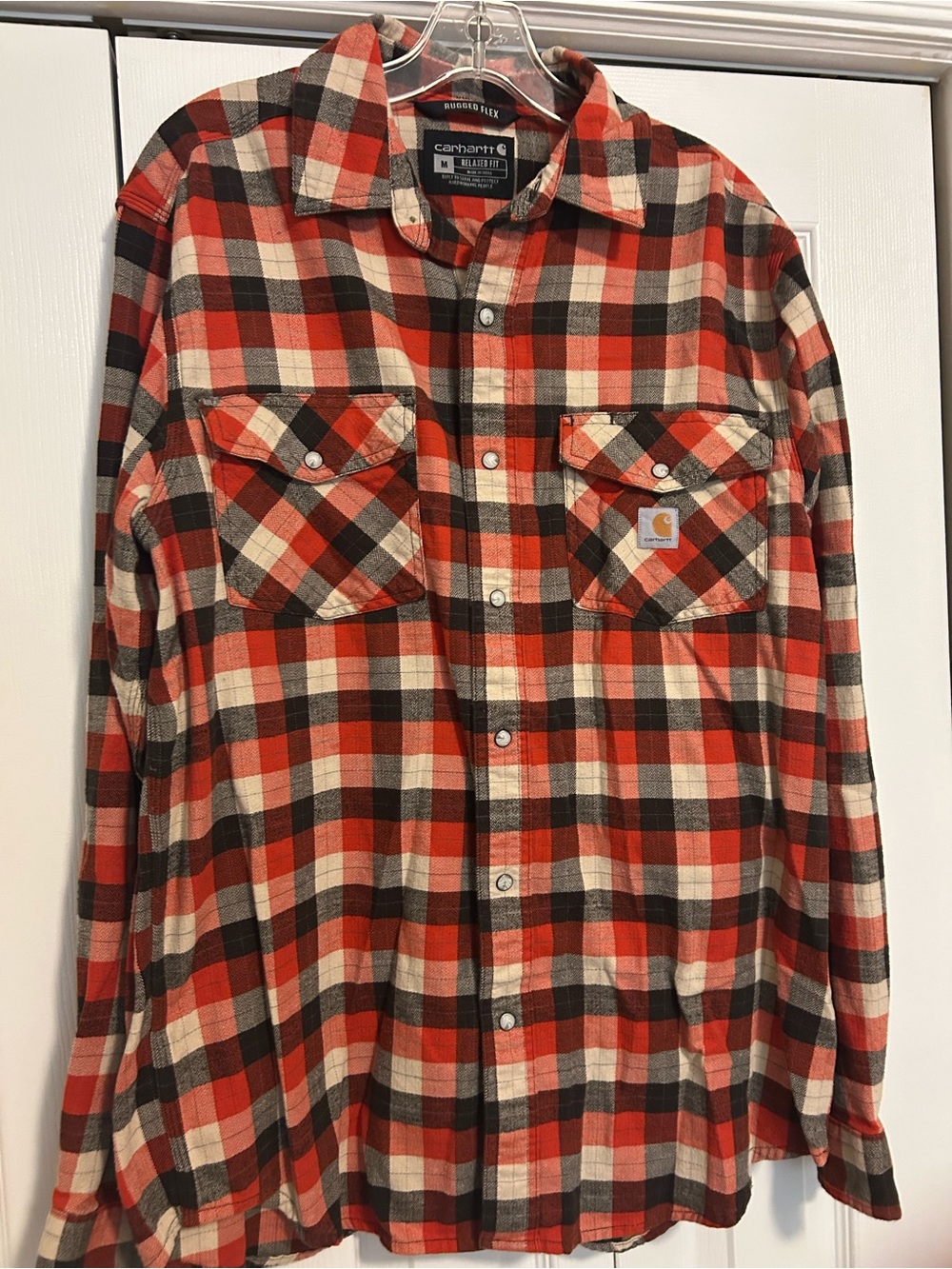 Carhartt Men’s Red, White, Black Plaid Button-Down Flannel Shirt